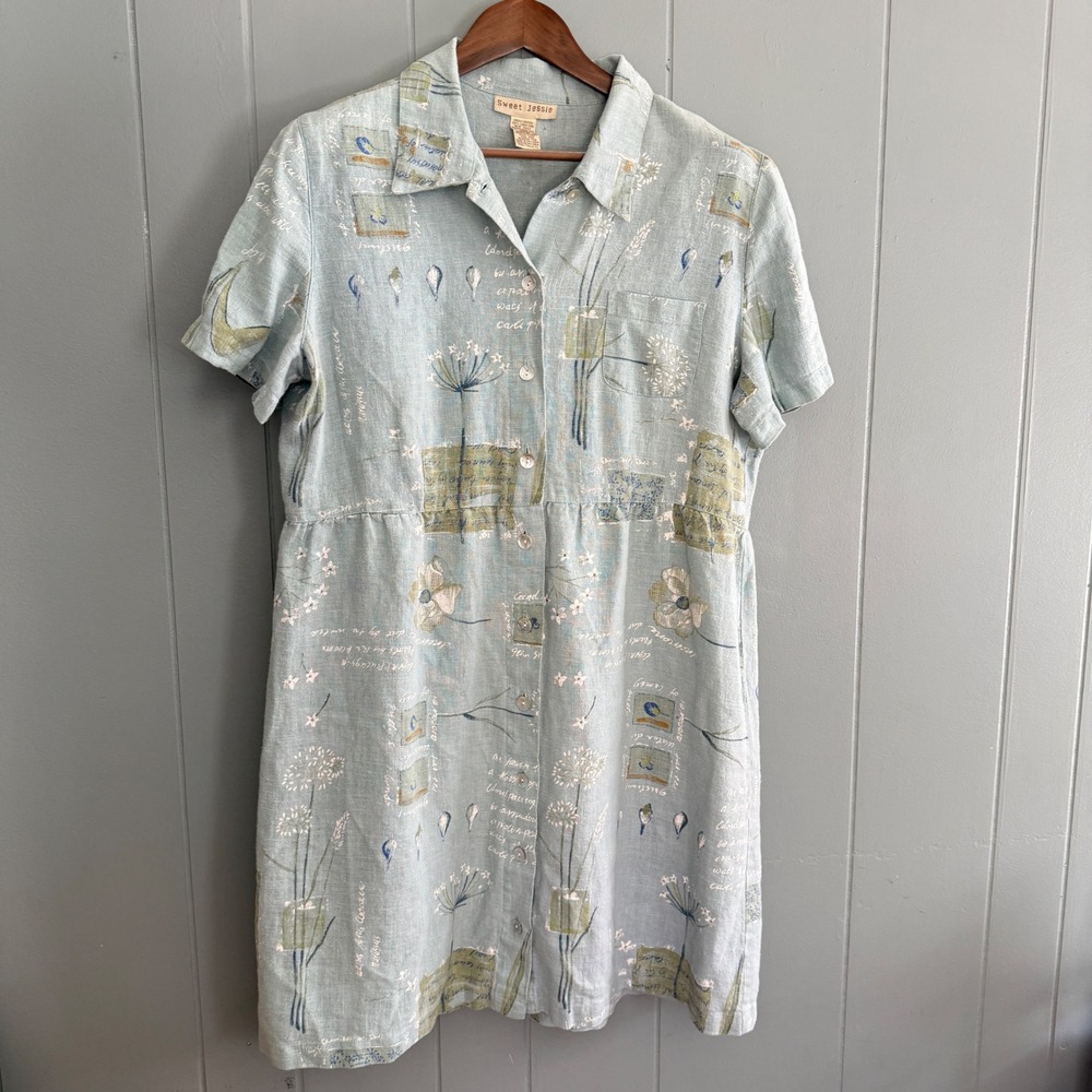 Linen Shirt Dress Womens XL Seafoam Botanical Script Print Cottagecore Lagenlook